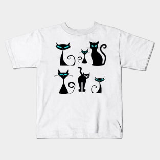 Crazy Cats Pattern in Black Kids T-Shirt